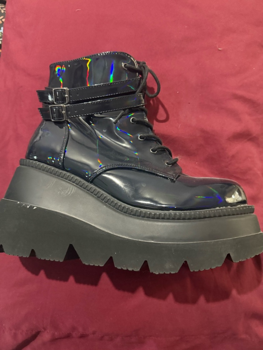 Demonia Black Holographic Patent Lace-Up Platform Boots